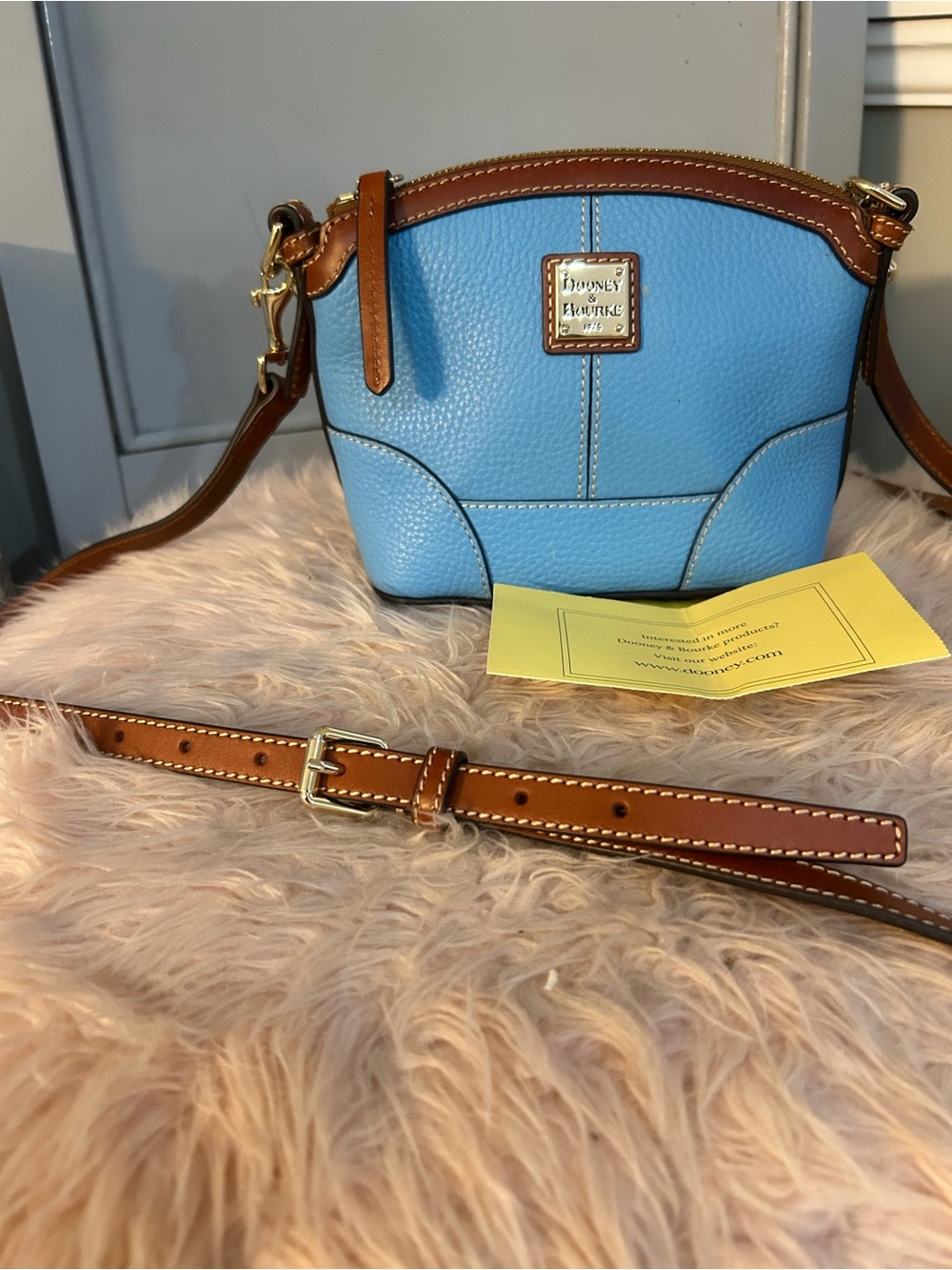 Dooney & Bourke Sky Blue Pebbled Leather Crossbody with Brown Trim